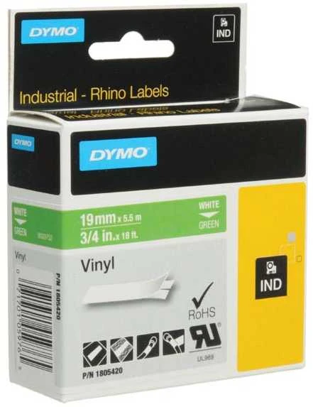 DYMO Rhino Vinilinė Juostelė 19mm x 5.5m / baltas ant žalios (1805420)