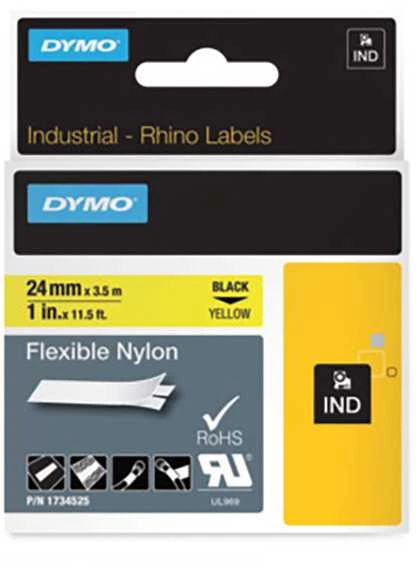 Rhino Professional, žymėjimo lankstaus nailono juosta, 24 mm, juodas tekstas ant geltonos juostos, 3,5 m DYMO / 1734525