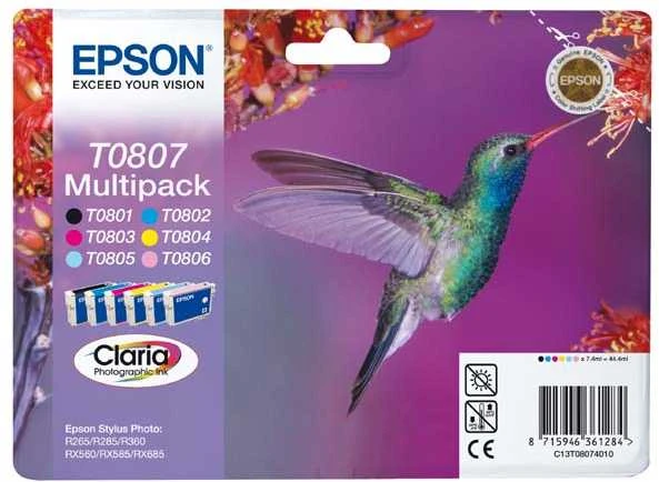 Epson Multipack 6 spalvų T0807 Claria fotografijos rašalo kasetė, Juodas, žydra, šviesiai žalsvai mėlyna, rausvai raudona, šviesiai purpurinė, geltona