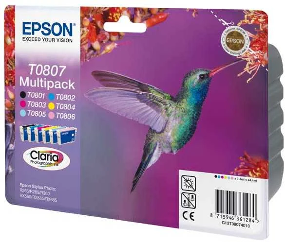 Epson Multipack 6 spalvų T0807 Claria fotografijos rašalo kasetė, Juodas, žydra, šviesiai žalsvai mėlyna, rausvai raudona, šviesiai purpurinė, geltona