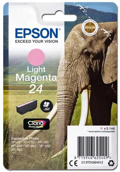 Epson Elephant Singlepack Light Magenta 24 Claria Photo HD rašalas - Originalus - Pigmentinis rašalas - Šviesiai purpurinis - Epson - - Expression Photo XP-960 - Expression Photo XP-950 - Expression Photo XP-860 - Expression Photo... - 1 vnt. (s)