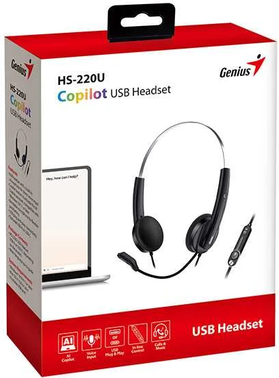 Genius HS-220U AI ausinės su mikrofonu, przewodowa, juoda, 2.0, zamykane, USB - C