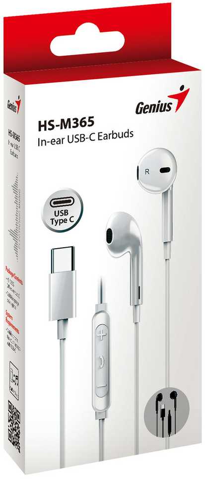 Genius HS-M365 ausinės su mikrofonu, balta, 2.0, Įstatomos į ausis (į ausis įkišamos tipo) ausinės, USB Type-C