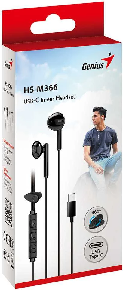 Ausinės Genius ausinės HS-M366 ausinės, mikrofon, USB-C, rotáční klip, juoda