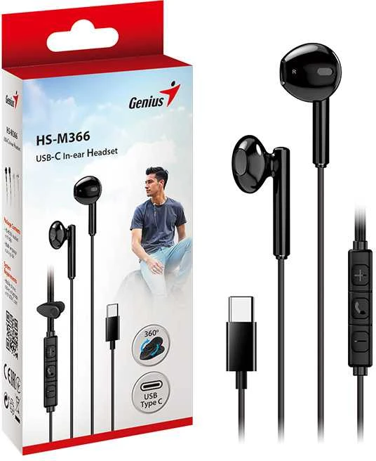 Ausinės Genius ausinės HS-M366 ausinės, mikrofon, USB-C, rotáční klip, juoda