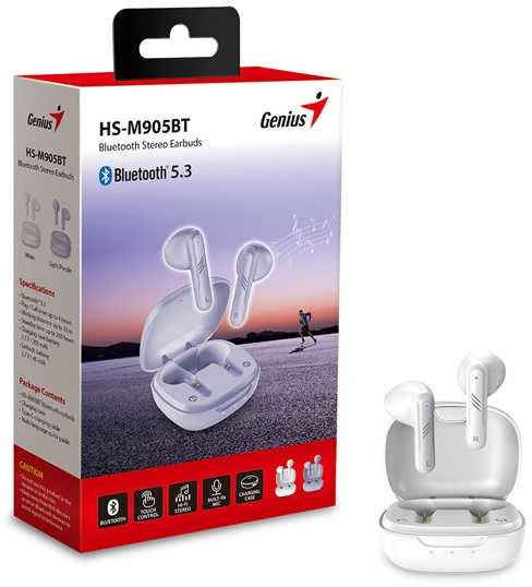 Ausinės Genius HS-M905BT mikrofonas, belaidis, balta, 2.0, dėklas su įkrovimo dėžute, sportinis tipas USB-C