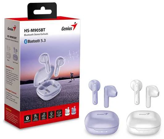 Ausinės Genius HS-M905BT mikrofonas, belaidis, balta, 2.0, dėklas su įkrovimo dėžute, sportinis tipas USB-C
