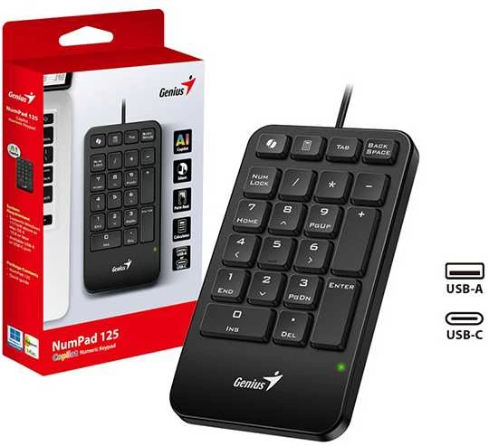GENIUS NumPad 125 skaitmeninė klaviatūra, laidinė, USB-C, juoda