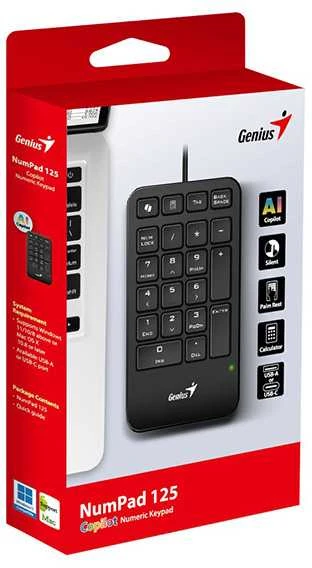 GENIUS NumPad 125 skaitmeninė klaviatūra, laidinė, USB-C, juoda