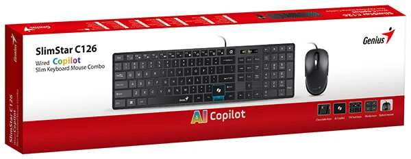 Genius SlimStar C126 COPILOT komplektas klaviatūra su laidu (USB) CZ/SK, juoda su optyczną myszką, niski profil