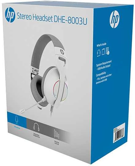 HP DHE-8003U ausinės su mikrofonu, laidinis, baltas, 7.1 erdvinis (virtualus), apšviestas, USB