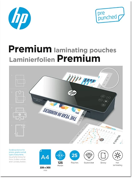 HP Premium laminavimo plėvelės A4, perforuotos, 125 mikronai, 25 vnt., skaidrios/blizgios (HPF9122A4125025)