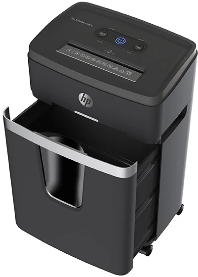 Hewlett Packard (HP) HP PRO SHREDDER 18CC dokumentų smulkintuvas, nupjautos lapų dalys, P-4, 18 kortelių, 25l, tamsiai pilkos spalvos