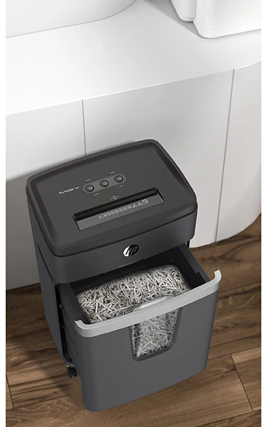 Hewlett Packard (HP) HP PRO SHREDDER 18CC dokumentų smulkintuvas, nupjautos lapų dalys, P-4, 18 kortelių, 25l, tamsiai pilkos spalvos