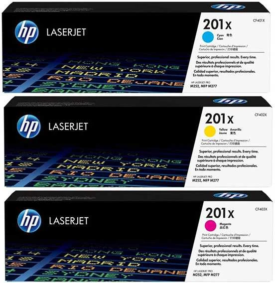 „Hewlett Packard“ (HP) HP 201X originalios „LaserJet“ dažų kasetės, žydros / rausvai raudonos / „Geltona High Yield“ (3 pakuotės)