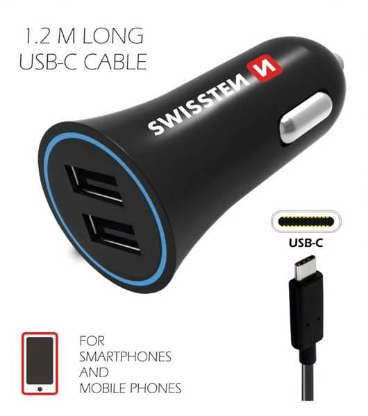 Automobilių įkroviklis 2.4a 2x USB + USB-C Swissten Cable