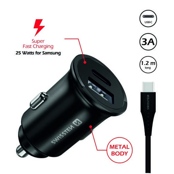 Samsung Įkroviklis Swissten ŁAD SAM SWISSTEN 25W 2XUSB-C Juodas + KABELIS 1,2M TYPE-C