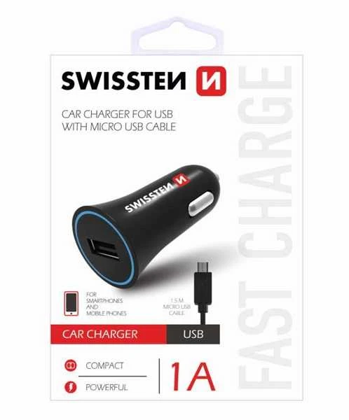Įkroviklis SWISSTEN automobilinis 5W, 1 prievadas, USB-A, microUSB laidas