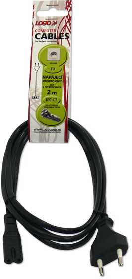 Kabelio tinklas 230V maitinimo šaltinis, CEE7/16 (euro radijas) - C7, 2m, VDE patvirtintas, juoda, Logotipas, 2 kontaktų jungtis, EOL