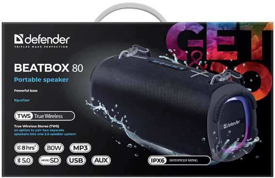 Kompiuterio kolonėlės Defender głośnik BEATBOX 80, Li-Ion, 2.1, 80W, juoda, garsumo valdymas, przenośny, neperšlampamas, zintegrowana baterija, 40Hz~20k