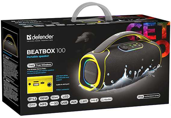 Kompiuterio kolonėlės Defender BEATBOX 100 garsiakalbis, 100 W, juodas, TWS, IPX5, AUX/Bluetooth