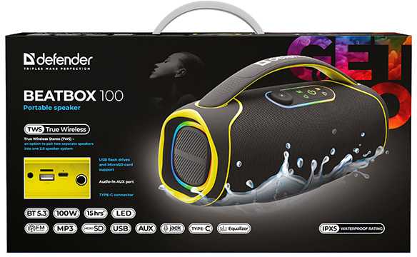 Kompiuterio kolonėlės Defender BEATBOX 100 garsiakalbis, 100 W, juodas, TWS, IPX5, AUX/Bluetooth