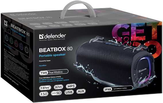 Kompiuterio kolonėlės Defender głośnik BEATBOX 80, Li-Ion, 2.1, 80W, juoda, garsumo valdymas, przenośny, neperšlampamas, zintegrowana baterija, 40Hz~20k
