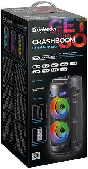 Kompiuterio kolonėlės Defender Nešiojama kolonėlė CRASHBOOM Bluetooth 16W MP3/FM/SD/USB/AUX/TWS/LED/MIC/LCD KARAOKE juoda + mikrofon + pilot
