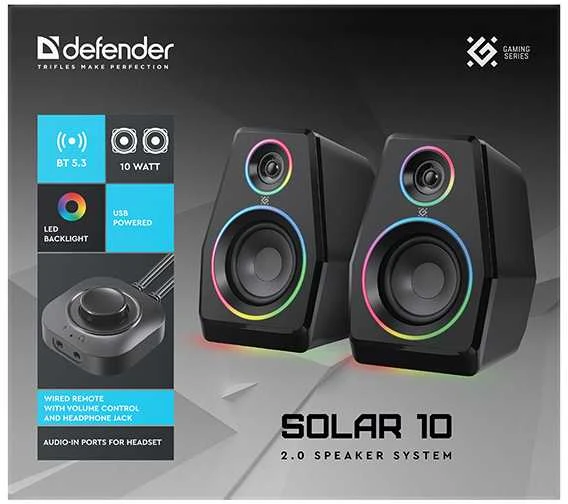 Kompiuterio kolonėlės Defender Solar 10 garsiakalbiai, 2.0, 10W, juodi, Bluetooth 5.3/AUX
