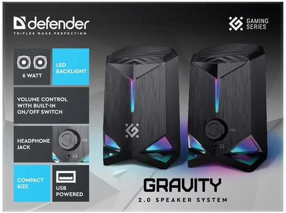 Kompiuterio kolonėlės Defender głośniki GRAVITY, 2.0, 6W, juoda, garsumo valdymas, pašvietimas, 80Hz~20kHz