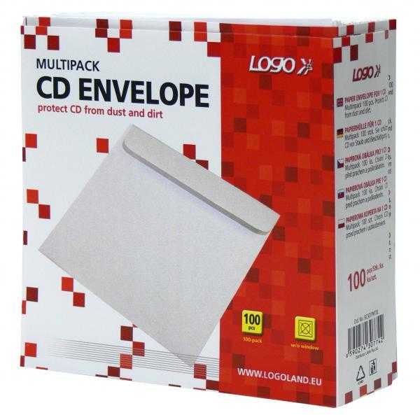Koperta na 1 vnt. CD, papier, balta, su lepiącą klapką, Logo, 100-pack