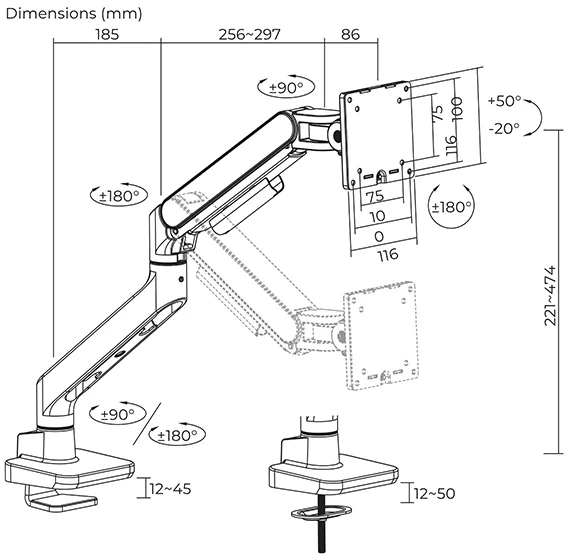 Laikiklis Powerton ERGO MONOA Regulowany uchwyt na monitorius, balta, 2-20KG, zacisk, 17"- 49", 75x75/100x100