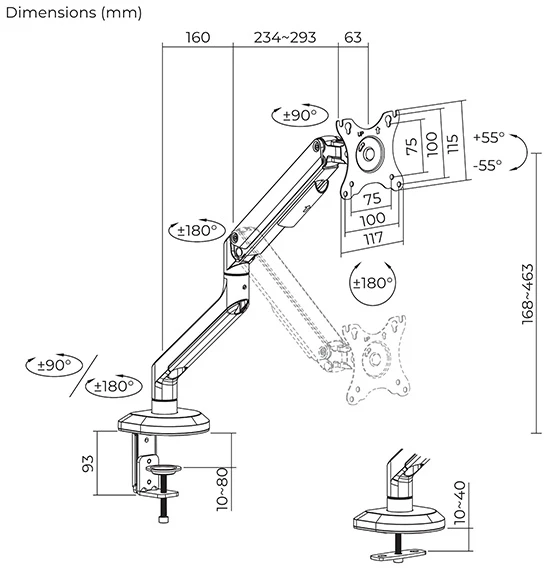 Laikiklis Powerton ERGO VISTA Regulowany uchwyt na monitorius, juoda, 2-9KG, zacisk, 17"- 32", 75x75/100x100