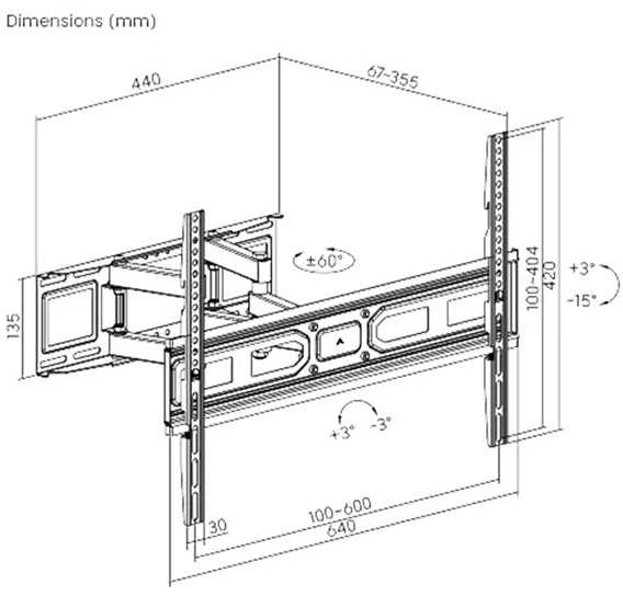 Neutralle Reguliuojamas laikiklis LPA78-466, 37"-80", maks. 40 kg, 100x100 - 600x400 mm VESA, 67-355 mm, juodas
