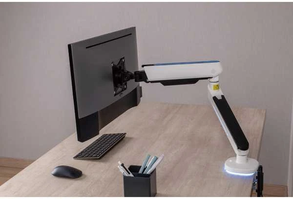 ULTRADESK OFFSHOT reguliuojamo aukščio monitoriaus laikiklis, baltas, 9kg, tvirtinamas spaustuku, 17"-32", 75x75/100x100