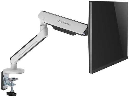 ULTRADESK OFFSHOT reguliuojamo aukščio monitoriaus laikiklis, baltas, 9kg, tvirtinamas spaustuku, 17"-32", 75x75/100x100