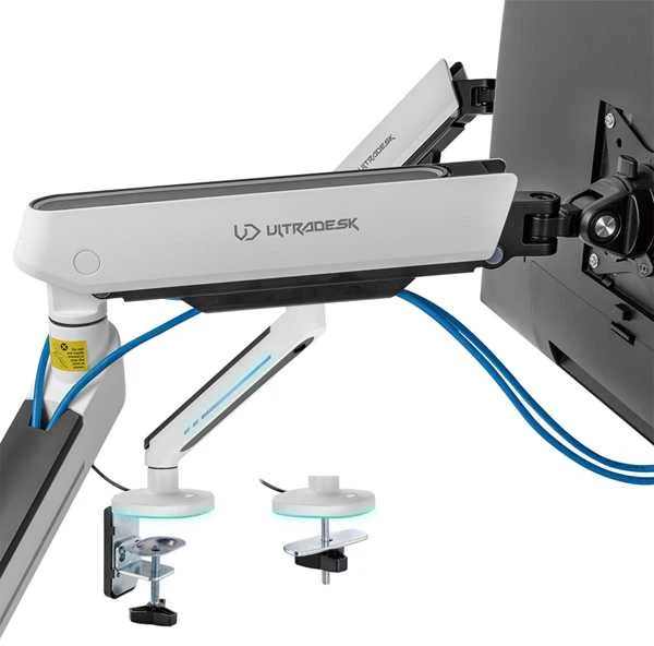 ULTRADESK OFFSHOT reguliuojamo aukščio monitoriaus laikiklis, baltas, 9kg, tvirtinamas spaustuku, 17"-32", 75x75/100x100
