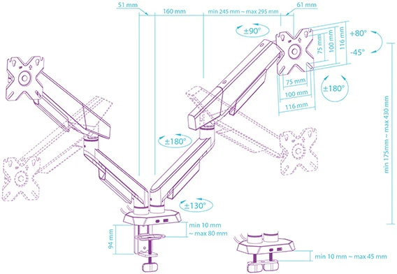 Laikiklis ULTRADESK SWORD Double Regulowany uchwyt na 2 monitory, juoda, 2x12KG, 17"-40"