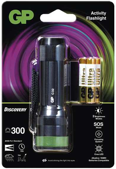 GP Battery LED žibintuvėlis, 3xAAA, metalinis, juodas, 300lm, C32