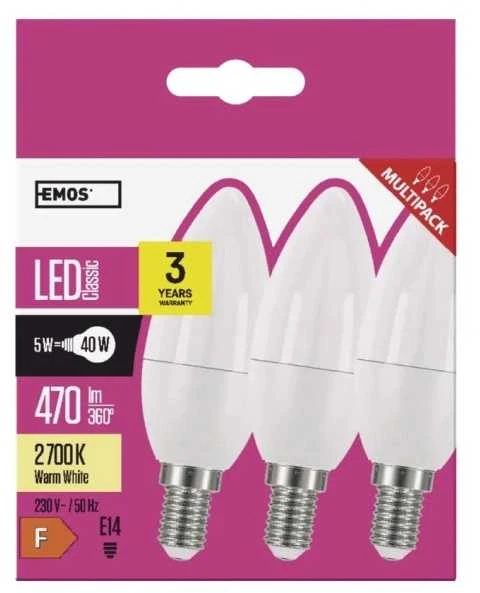 CLASSIC LED lemputė EMOS Lighting E14, 220-240V, 4.2W, 470lm, 2700k, šiltai balta, 30000h, klasikinė žvakė 102x35x35mm-3vnt. pakuotė