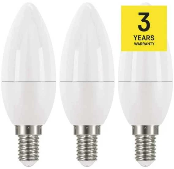 CLASSIC LED lemputė EMOS Lighting E14, 220-240V, 4.2W, 470lm, 2700k, šiltai balta, 30000h, klasikinė žvakė 102x35x35mm-3vnt. pakuotė