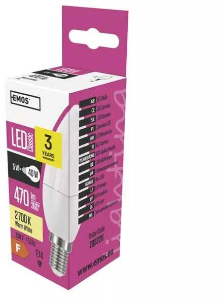 LED lemputė E14 230V 5W 470lm, žvakės formos, šiltai balta, 2700K, EMOS