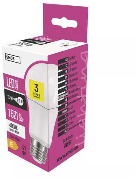 LED lemputė EMOS apšvietimas E27, 220-240V, 13.2W, 1521lm, 4000k, neutrali balta, 30000h, Classic A60 120x60x60mm