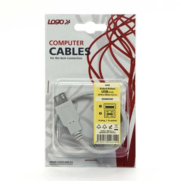 USB prailginimo kabelis su logotipu (2.0), USB A M - USB A F, 0,3 m, baltas, lizdinė pakuotė, EOL