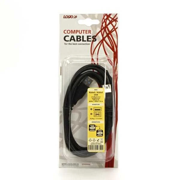 Neutralle USB prailginimo kabelis su logotipu (3.0), USB A M - USB A F, 1.8m, juodas, lizdinė plokštelė, EOL