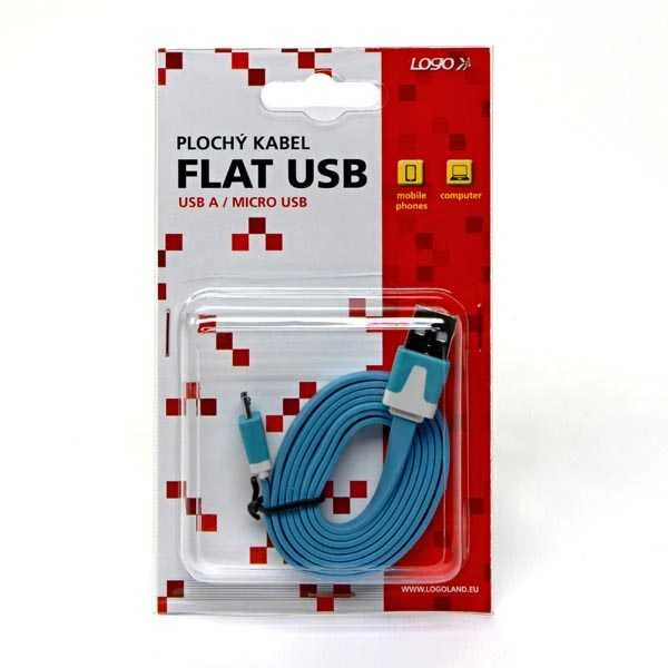 USB kabelis su logotipu (2.0), USB A M - microUSB (M), 1m, plokščias, mėlyna, blisterinė pakuotė, EOL