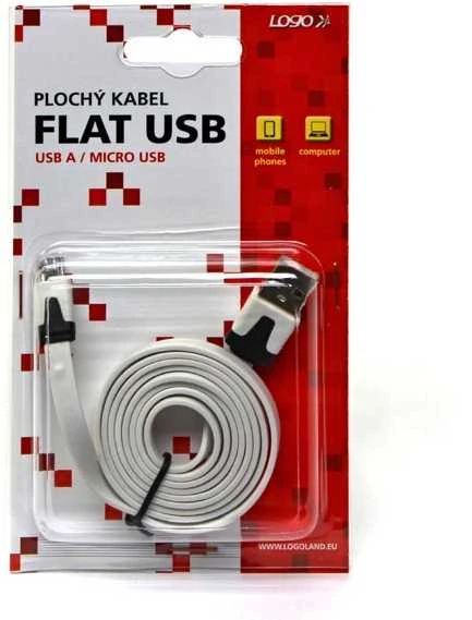 USB kabelis su logotipu (2.0), USB A M - microUSB (M), 1m, plokščias, baltas, lizdinė pakuotė, EOL