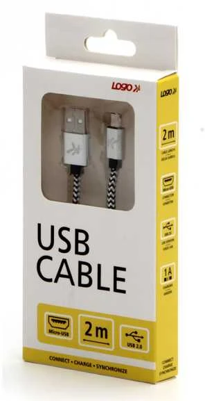 USB kabelis su logotipu (2.0), USB A M - microUSB (M), 2m, 480 Mb/s, 5V/1A, sidabrinė, dėžutė, nailono pintas, aliuminio jungties dangtelis, EOL
