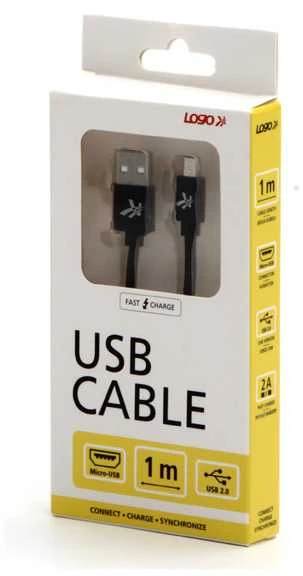 USB kabelis su logotipu (2.0), USB A M - microUSB (M), 1m, 480 Mb/s, 5V/2A, juodas, dėžutė, nailono pintas, aliuminio jungties dangtelis, EOL