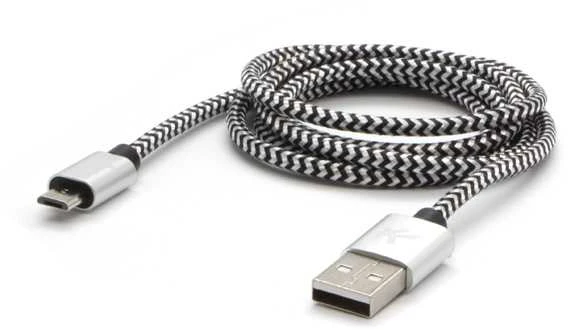 USB kabelis su logotipu (2.0), USB A M - microUSB (M), 2m, 480 Mb/s, 5V/1A, sidabrinė, dėžutė, nailono pintas, aliuminio jungties dangtelis, EOL